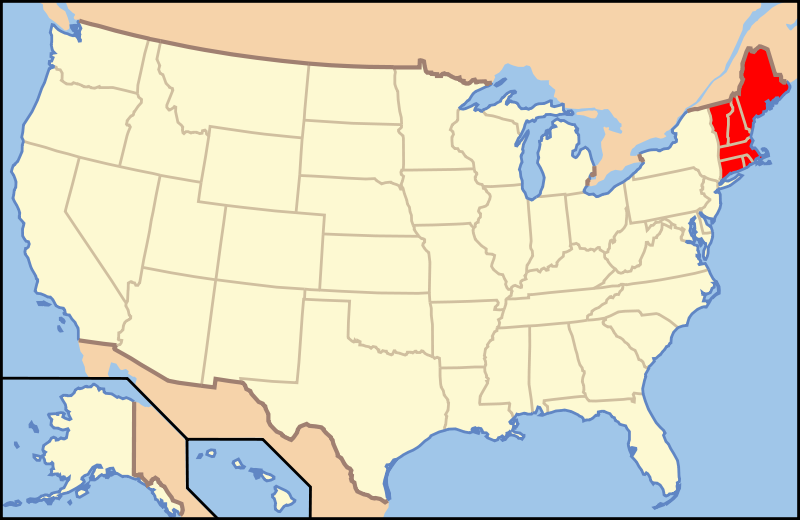 A map of the United States with the 6 states that make up New England highlighted in red