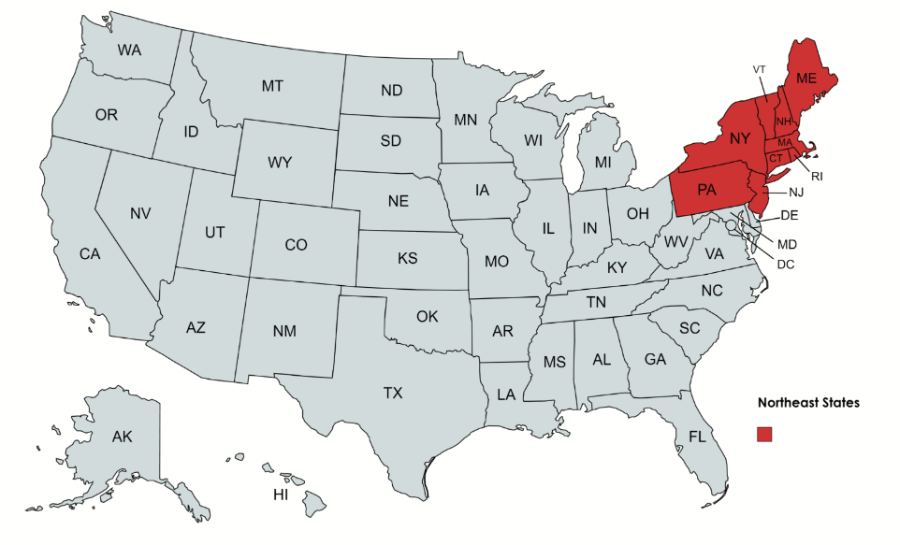 Map of USA showing the 9 states that are the Northeast region