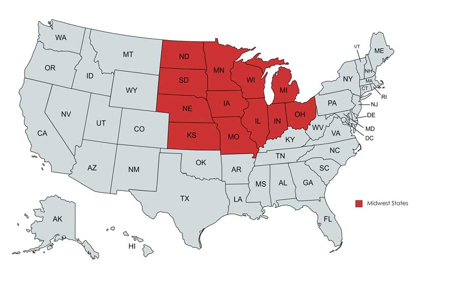 Map of USA showing the 9 states that are the Midwest