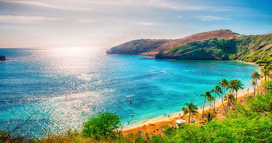 Scenic view of a blue water on a beach in Hawaii