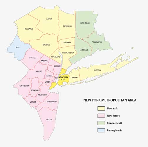 The New York City metropolitan area on the map with legends