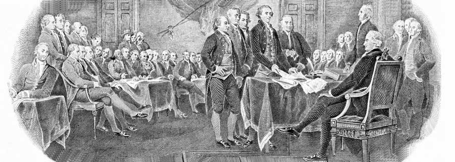 A painting of The Declaration of Independence signing event